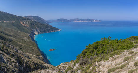 View of coastline, sea and hills from near Agkonas, Kefalonia, Ionian Islands, Greek Islands, Greece, Europe - RHPLF28748