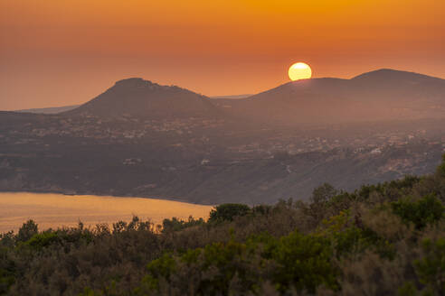 View of coastline near Lourdata at sunset, Kefalonia, Ionian Islands, Greek Islands, Greece, Europe - RHPLF28795