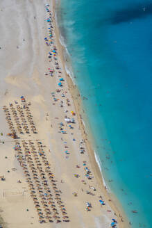 Aerial view of Myrtos Beach, coastline, sea and hills near Agkonas, Kefalonia, Ionian Islands, Greek Islands, Greece, Europe - RHPLF28801