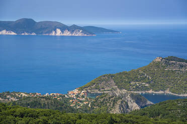 View of Assos, coastline, sea and hills, Assos, Kefalonia, Ionian Islands, Greek Islands, Greece, Europe - RHPLF28804