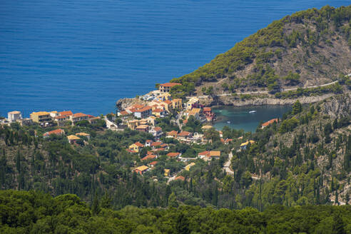 View of Assos, coastline, sea and hills, Assos, Kefalonia, Ionian Islands, Greek Islands, Greece, Europe - RHPLF28806