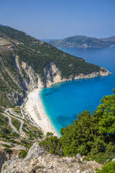 View of Myrtos Beach, coastline, sea and hills near Agkonas, Kefalonia, Ionian Islands, Greek Islands, Greece, Europe - RHPLF28808