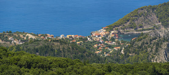 View of Assos, coastline, sea and hills Assos, Kefalonia, Ionian Islands, Greek Islands, Greece, Europe - RHPLF28810