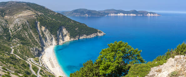 View of Myrtos Beach, coastline, sea and hills near Agkonas, Kefalonia, Ionian Islands, Greek Islands, Greece, Europe - RHPLF28813