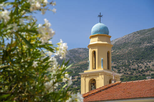 View of Church of Agia Efimia bell tower in Agia Effimia, Kefalonia, Ionian Islands, Greek Islands, Greece, Europe - RHPLF28817