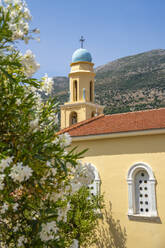 View of Church of Agia Efimia bell tower in Agia Effimia, Kefalonia, Ionian Islands, Greek Islands, Greece, Europe - RHPLF28819