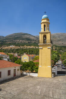 View of Church of Agia Efimia bell tower in Agia Effimia, Kefalonia, Ionian Islands, Greek Islands, Greece, Europe - RHPLF28824