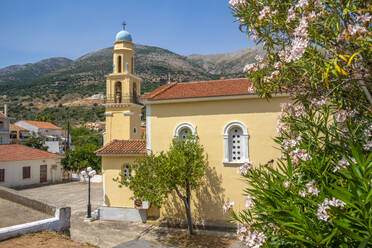 View of Church of Agia Efimia bell tower in Agia Effimia, Kefalonia, Ionian Islands, Greek Islands, Greece, Europe - RHPLF28825