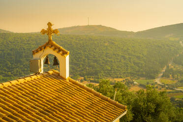 View of church, woodland and vineyards near Poulata, Kefalonia, Ionian Islands, Greek Islands, Greece, Europe - RHPLF28827