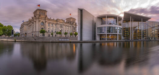 View of the River Spree and the Reichstag (German Parliament building) and Paul Loebe Building at sunset, Mitte, Berlin, Germany, Europe - RHPLF28861