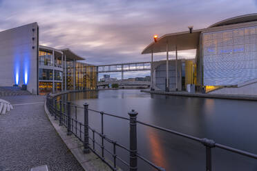 View of the River Spree and the Marie-Elisabeth-LALders-Haus at sunset, German Parliament building, Mitte, Berlin, Germany, Europe - RHPLF28862