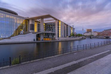 View of the River Spree and the Marie-Elisabeth-Luders-Haus at sunset, German Parliament building, Mitte, Berlin, Germany, Europe - RHPLF28864