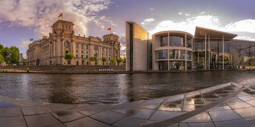 View of the River Spree and the Reichstag (German Parliament) and Paul Loebe Building at sunset, Mitte, Berlin, Germany, Europe - RHPLF28870