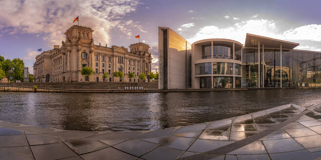 View of the River Spree and the Reichstag (German Parliament) and Paul Loebe Building at sunset, Mitte, Berlin, Germany, Europe - RHPLF28870