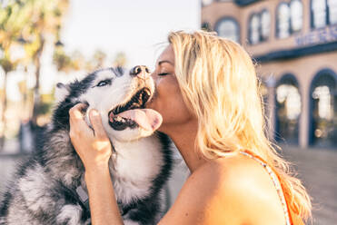 Beautiful blonde woman stroking her dog outdoors - Pretty girl playing and having fun with her huskey - DMDF07406