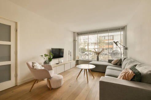 Interior of spacious living room with couches and television next to bright window in light apartment with white walls and hardwood floor - ADSF48071