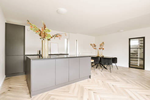 Interior of modern open plan kitchen with black cabinets and long island next to dining room in spacious house - ADSF48080