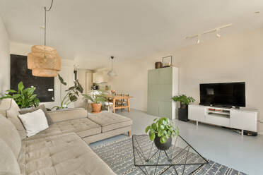 Interior of stylish living room with cozy couch and coffee table with television and cabinet by white wall in contemporary apartment - ADSF48089