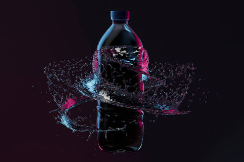 3D-Rendering von Wasser, das um eine Plastikflasche herumwirbelt - GCAF00434