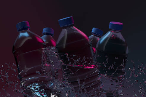3D-Rendering von Wasser, das um Plastikflaschen herumwirbelt - GCAF00437