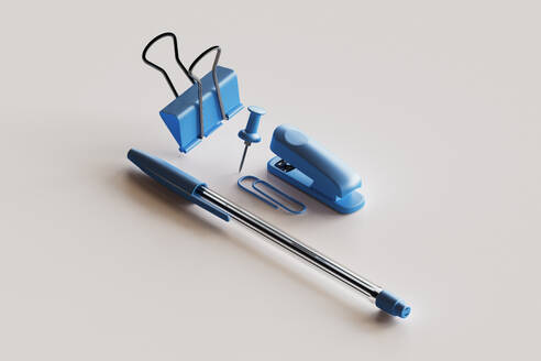 3D render of blue colored office supplies floating against white background - GCAF00439