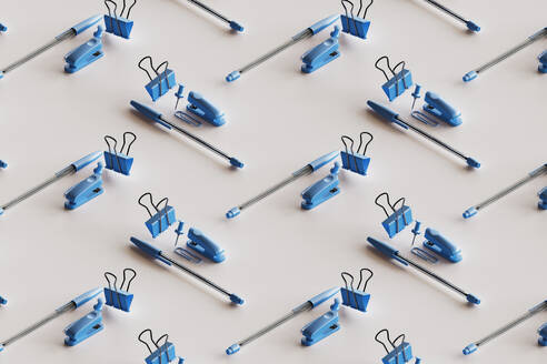 3D pattern of blue colored office supplies floating against white background - GCAF00440