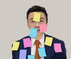 Illustration of man covered in blank adhesive notes - GWAF00345