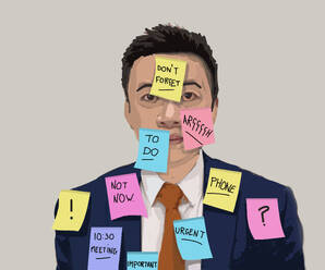 Illustration of man covered in colorful adhesive notes - GWAF00346