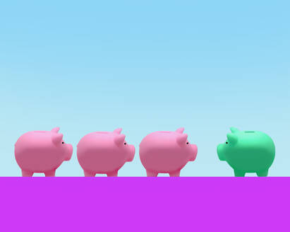 Drei rosa Sparschweine gegenüber einem grünen - GWAF00348