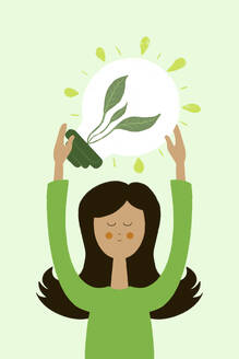 Flat style illustration of young female in green dress looking at camera while standing with raised hands to save green energy from glowing light bulb with leaves plant against blue background - ADSF48277