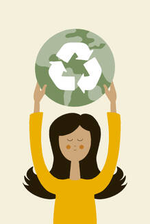 Flat style illustration of young female in yellow dress looking at camera while standing with raised hands to save environment of planet with recycling and sustainability against beige background - ADSF48278