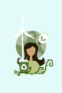 Flat style illustration of young female looking at camera while standing with symbols of windmill light bulb recycle to save green energy environment sustainability of planet against turquoise background - ADSF48279