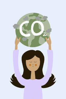 Flat style illustration of young female in green dress looking at camera while standing with raised hands to save green globe and abundant hydrogen representing CO2 word against beige background - ADSF48280