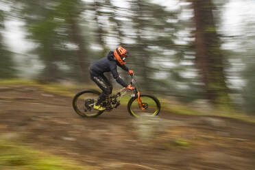 Active fearless athletic sportsman in bright protective clothes driving bike on steep road in forest - ADSF48307