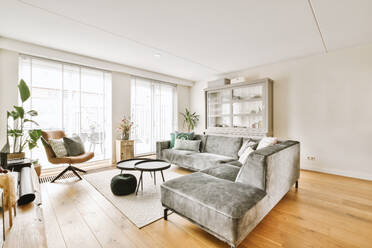 Interior of modern living room with cozy couch and coffee tables with large windows and wardrobe in spacious apartment - ADSF48394