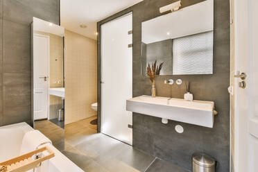 Interior of illuminated neat contemporary bathroom with decor and sink below mirror - ADSF48436