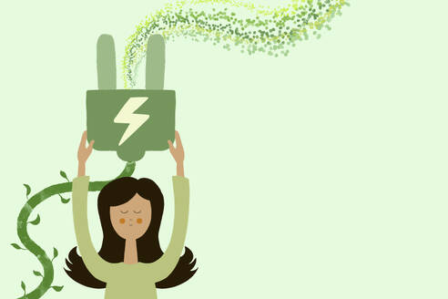 Vector illustration of lady closing eyes while holding large electric plug with green foliage on wire against verdant background - ADSF48501