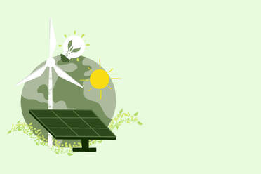 Vector illustration of Earth with windmill and plant in light bulb and solar panels with sun sign drawn against green background - ADSF48503