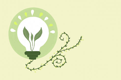 Vector illustration of verdant plant placed inside of light bulb with leaves on wire on bright yellow backdrop - ADSF48504