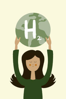 Flat style illustration of young female in green dress looking at camera while standing with raised hands to save green globe and abundant hydrogen representing H2 word against beige background - ADSF48506