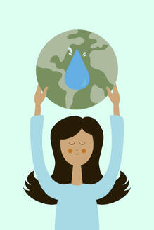 Flat style illustration of young female in blue dress looking at camera while standing with raised hands to save water representing drop on green globe against turquoise background - ADSF48507