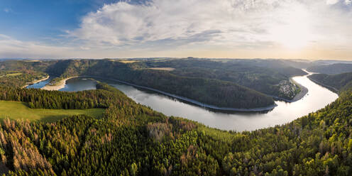 Germany, Thuringia, Panoramic view of bend of river Saale at sunset - STSF03786