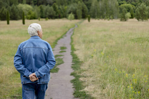 Elderly man strolling on footpath at park - MBLF00013