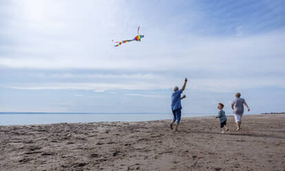 Grandparents flying kite with grandson at beach - MBLF00019