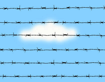 Barbed wire in front of blue sky with cloud - GWAF00359