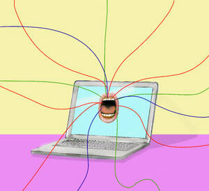 Laptop with screaming mouth and multi colored wires - GWAF00365