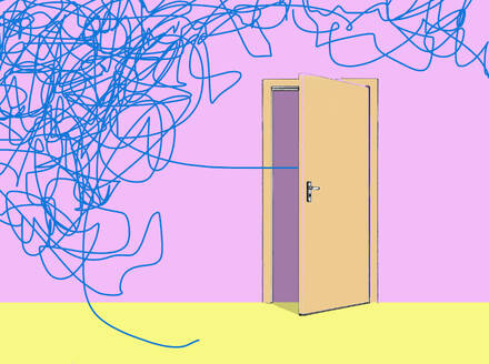 Door emitting tangled line near pink wall - GWAF00368