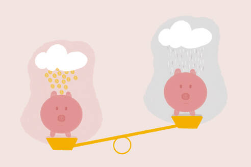 Piggy banks on weighing scale under clouds with gold coins and rain falling against pink background - MSMF00134