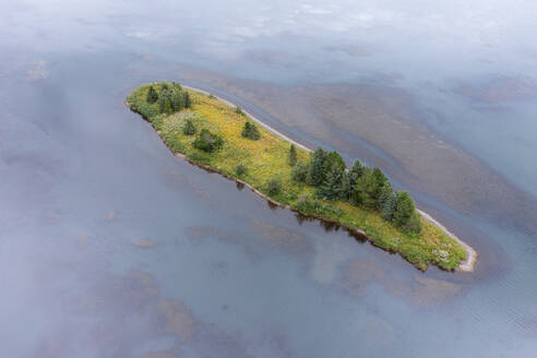 Island, Nordurland Eystra, Luftaufnahme der kleinen Insel im See Vestmannsvatn - RUEF04177