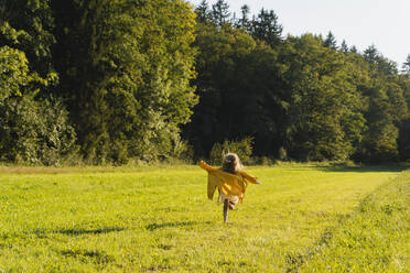 Cheerful girl running in front of trees in meadow - NDEF01226